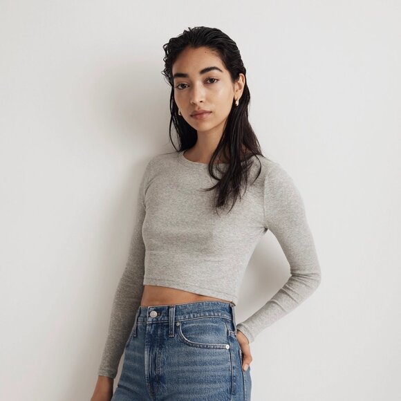 NWOT Madewell Fine Ribbed Supercrop Crewneck Long-Sleeve Tee - Picture 2 of 8